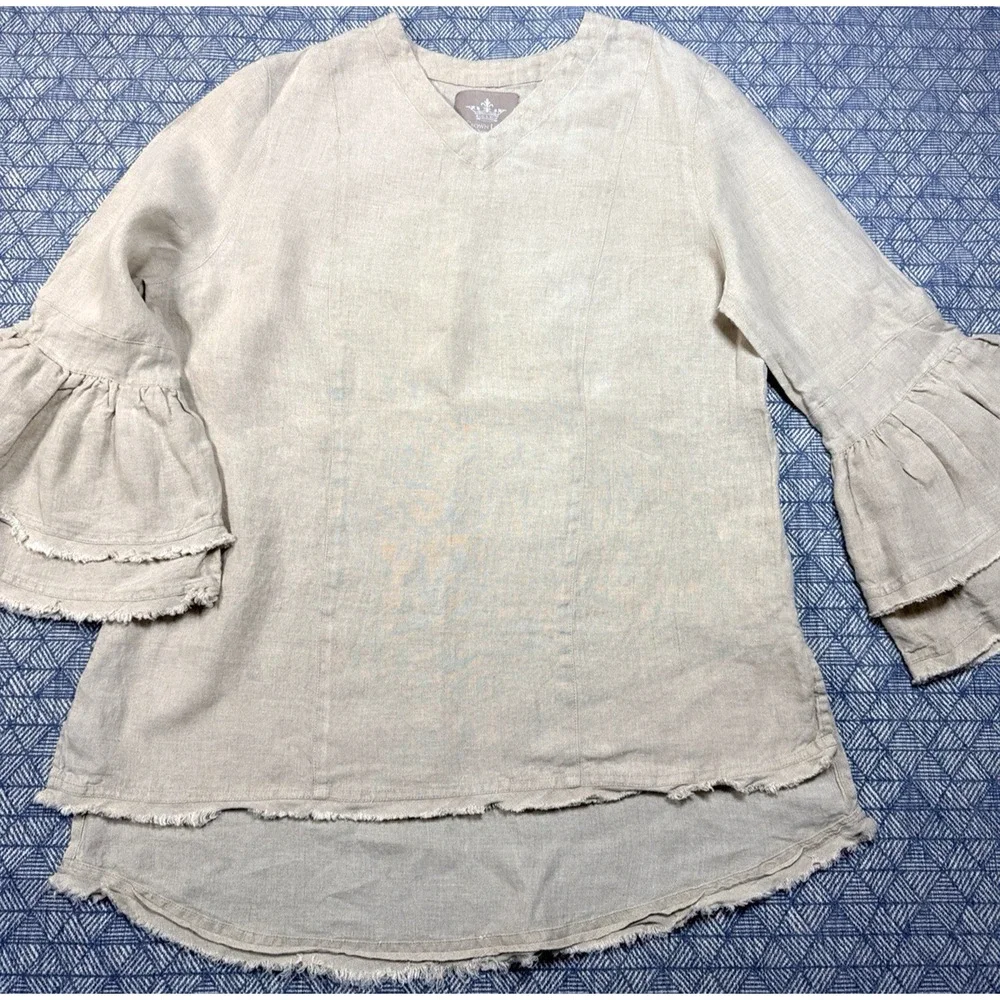Crown Linen Designs Bella Bell Sleeve Top Large Flax Beige V-Neck Linen Tunic - Picture 2 of 12